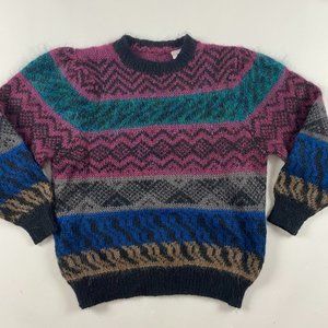 Vintage 70s 80s Womens Mohair Blend Sweater Size Large Striped Wool Pink Blue